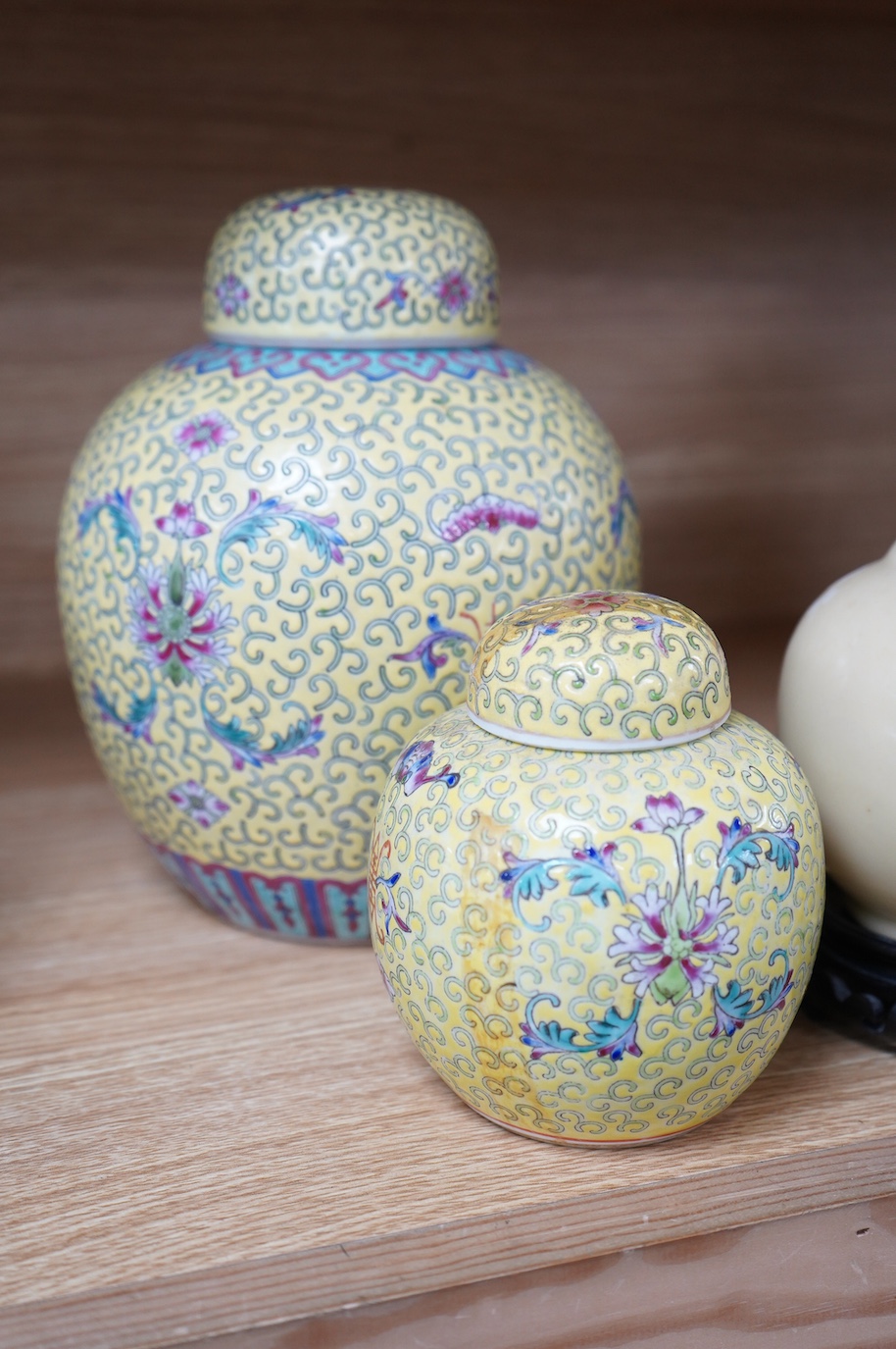 Two Chinese yellow ground ginger jars and similar vase. Condition - fair to good